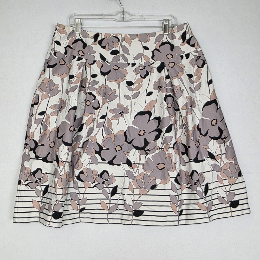 Floral A-Line Pleated Skirt White Mauve Grey Striped Hem Size 14
